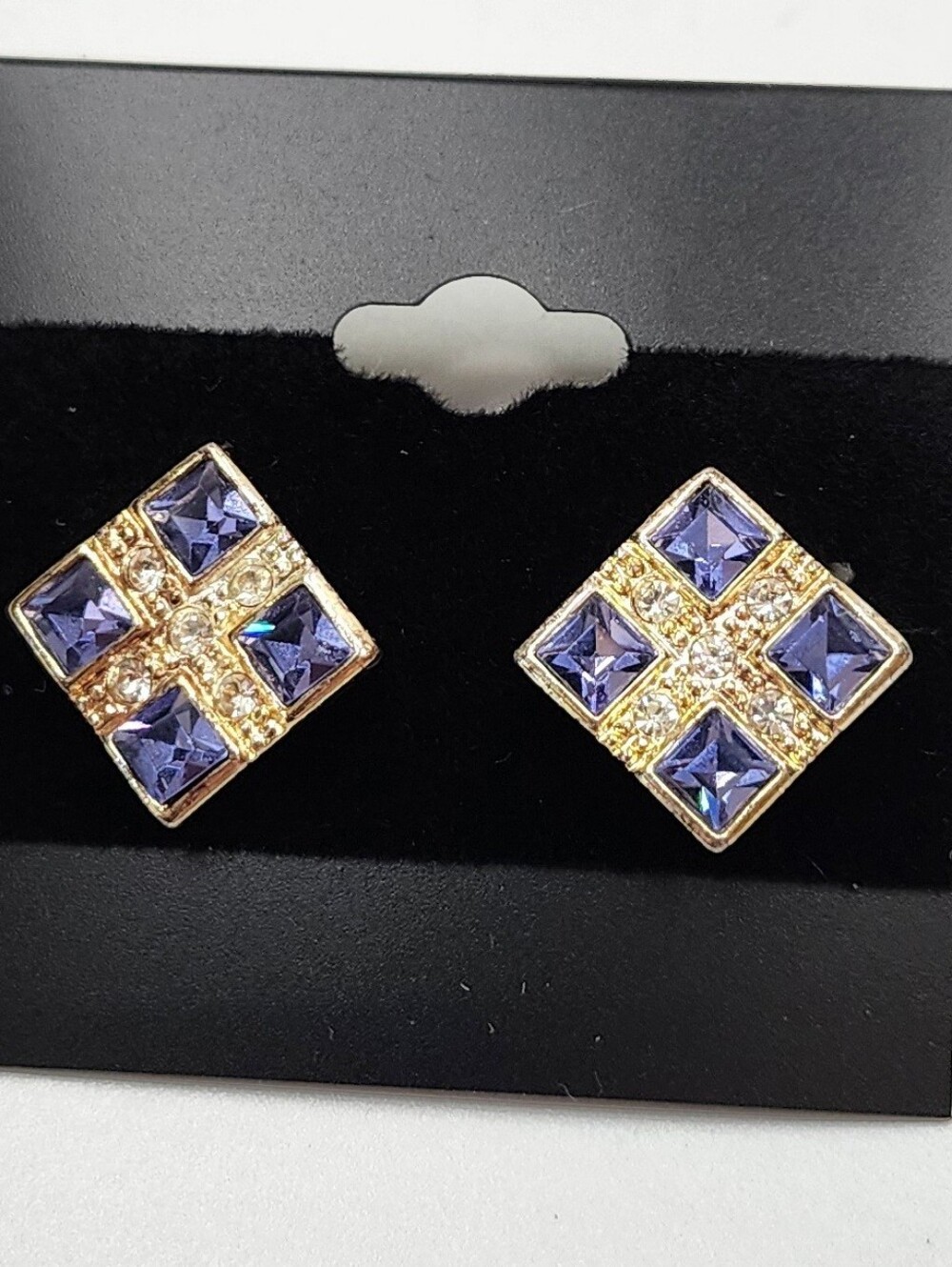 Roman Jewelry Purple Clear Crystal Glass Gold Tone Earrings Diamond Shape Post